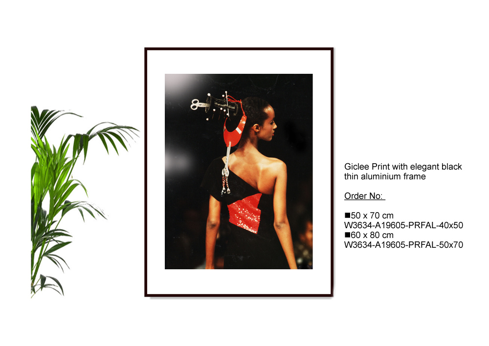 Print in a black aluminium frame on a wall
